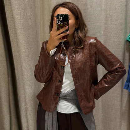 Women Croc Print Faux Leather Jacket Crew Neck Button Front Flared Peplum Hem Slim Fit Cropped Coat Street Ladies Outerwear