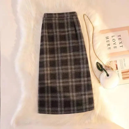 Vintage Plaid Midi Skirts Women All-Match Thickened Warm Elastic Waist Long Skirt Female Streetwear Fashion Split A-Line Skirts