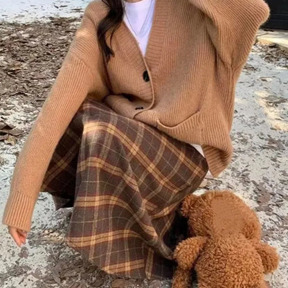 Women's Brown Plaid Flared Skirt