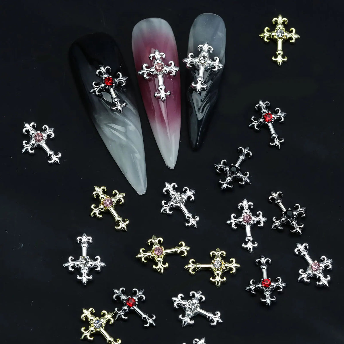 3d cross nail art zircon embedded retro alloy rhinestones Y2K gothic punk metal style nail accessories DIY charm nail decoration