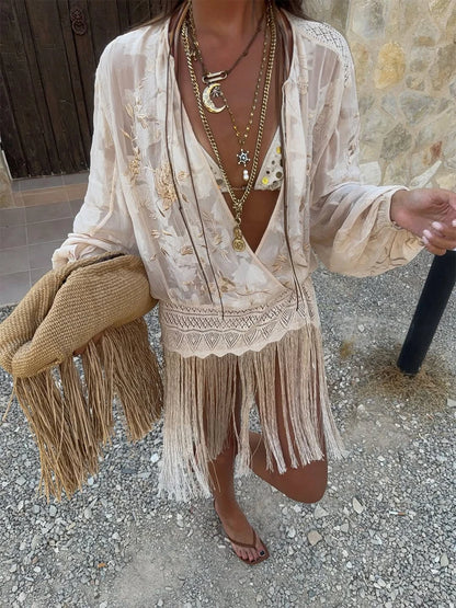 Vintage Embroidered Blouse Tie V Neck Cutout Patchwork Fringe Hem Puff Long Sleeve Tunic Cover Up Women's Relaxed Holiday Wear