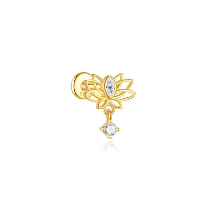 AIDE 925 Sterling Silver Shiny Hollow Lotus Flower Crown Flat Back Internal Thread Piercing Earring For Women INS Dainty Luxury