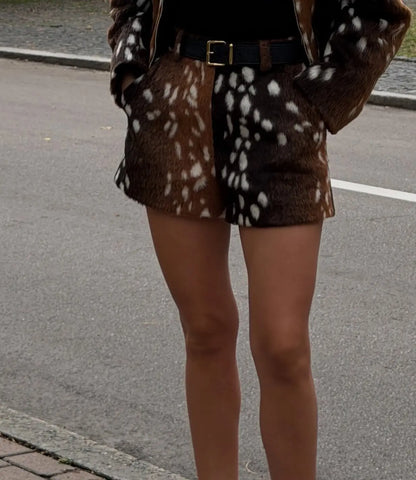 Retro Faux Fur Deer Spotted Skirt Set Lady Lapel Zip High Waist Animal Print Warm Cropped Jacket Set Fall Winter Matching Outfit