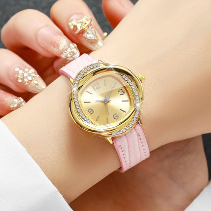 Elegant Rhinestone Golden Dial Women Quartz Watch Leather Strap Ladies Dress Wristwatches Clock Relogio Feminino (Without Box)