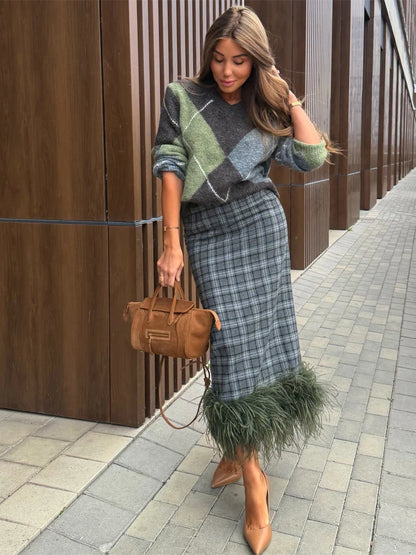 Womens Argyle Knit Sweater 2 Piece Outfit Plaid Midi Skirt With Faux Fur Hem Trim 2026 Autumn Winter Elegant Street Fashion Wear