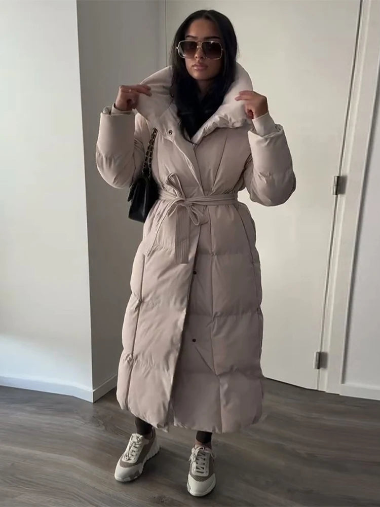Hooded Lace up Long Jacket Woman Solid Color Zipper Long Sleeve Loose Coats Versatile Warm Minimalist Women's New Winter Jackets