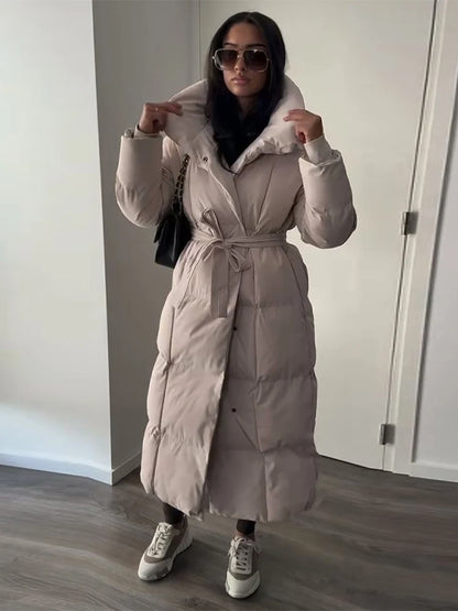 Hooded Lace up Long Jacket Woman Solid Color Zipper Long Sleeve Loose Coats Versatile Warm Minimalist Women's New Winter Jackets