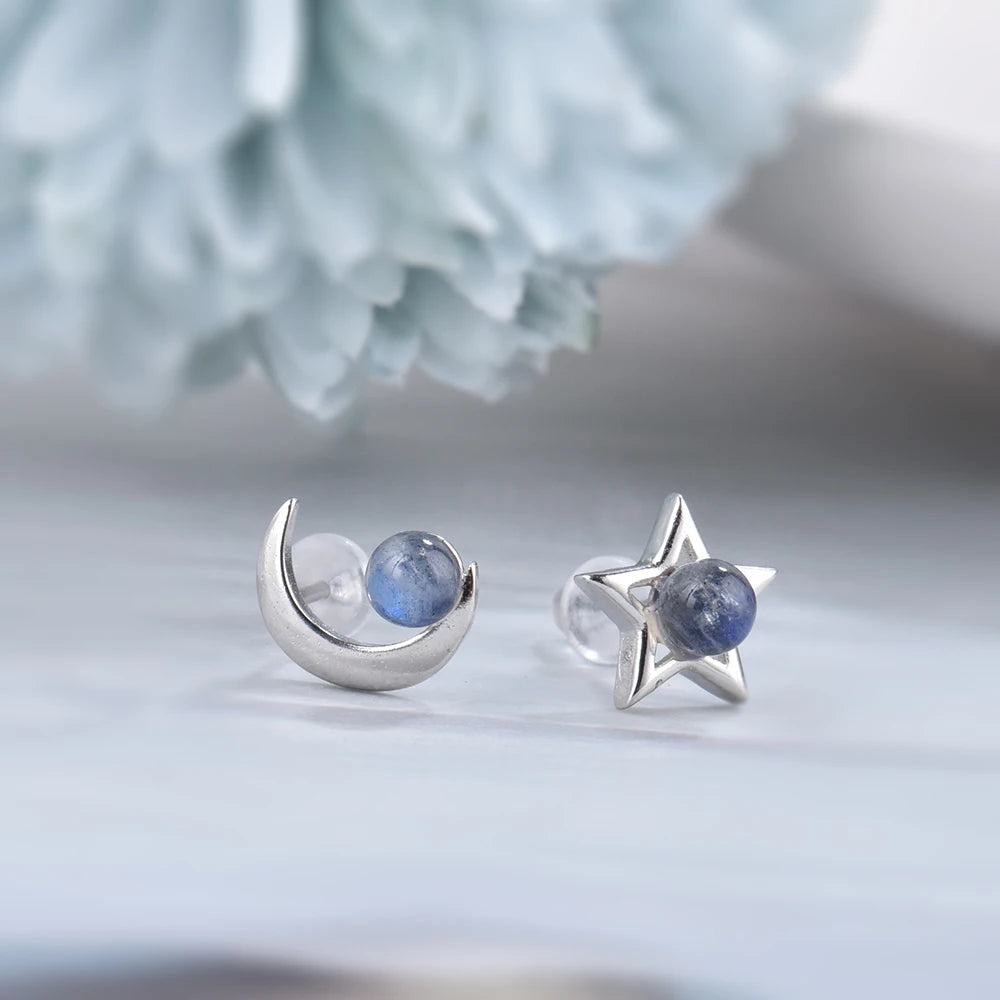 ITSMOS Natural Labradorite Moon Star Earrings Studs Handmade Polish Tarnish Resistant Earring for Women Jewelry Girl Gift