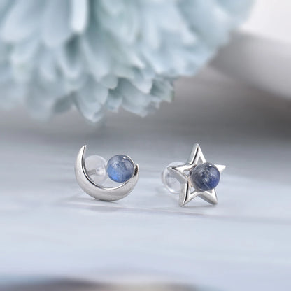 ITSMOS Natural Labradorite Moon Star Earrings Studs Handmade Polish Tarnish Resistant Earring for Women Jewelry Girl Gift