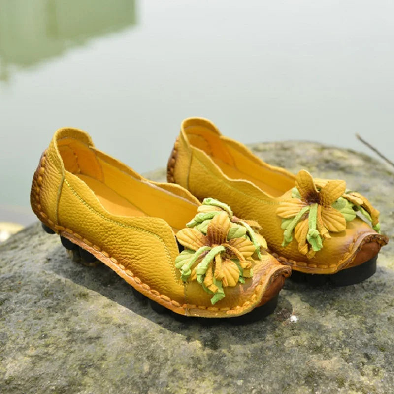 Genuine Leather Ballet Flats Women's Slip On Loafers Vintage Handmade Flower Soft Muffin Platform Casual Walk Dress Shoes Woman