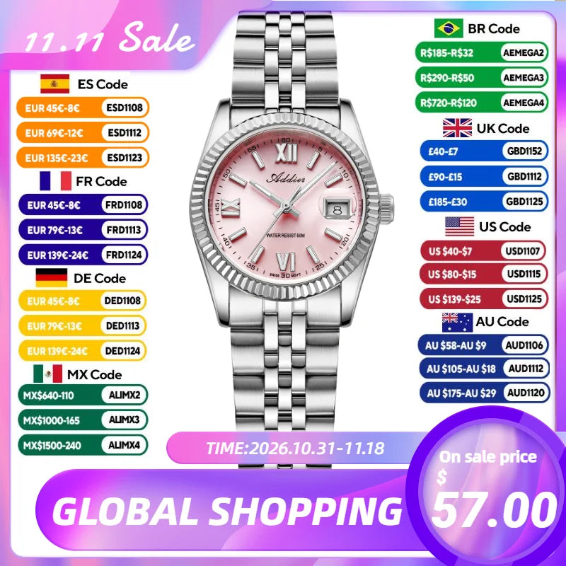 Addies New Ladies Quartz Watch 28mm Sapphire Mirror Women's Watches Elegant Fashion Stainless Steel Waterproof Luminous Watches