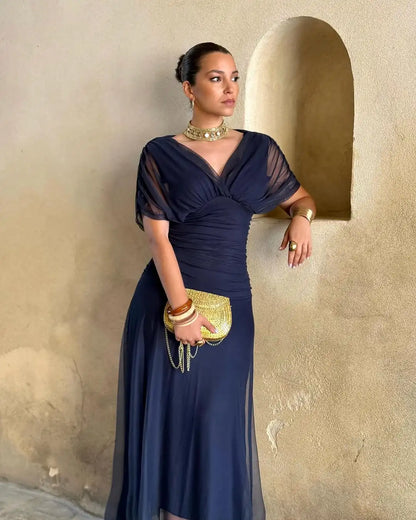 Women Solid Deep V-neck Mesh Long Dress Elegant Puff Short Sleeve Ruched Waist High Vestidos 2026 Summer Lady Casual Street Robe