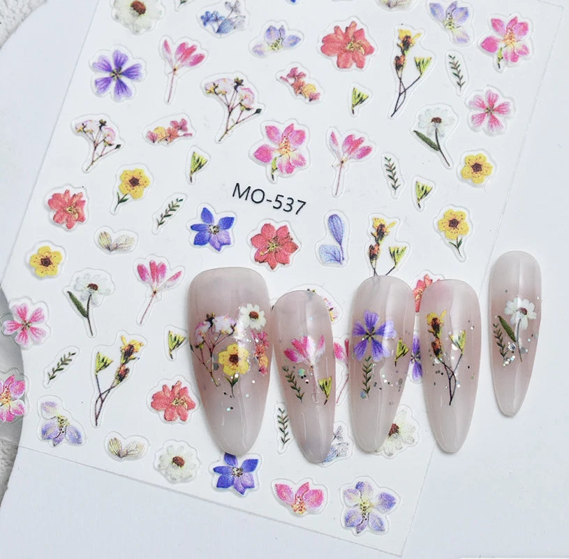 5D Embossed Nail Art Decals Elegant Petals Florals Daisy Flowers Leaves Adhesive Sliders Stickers For Manicure Tips Decoration