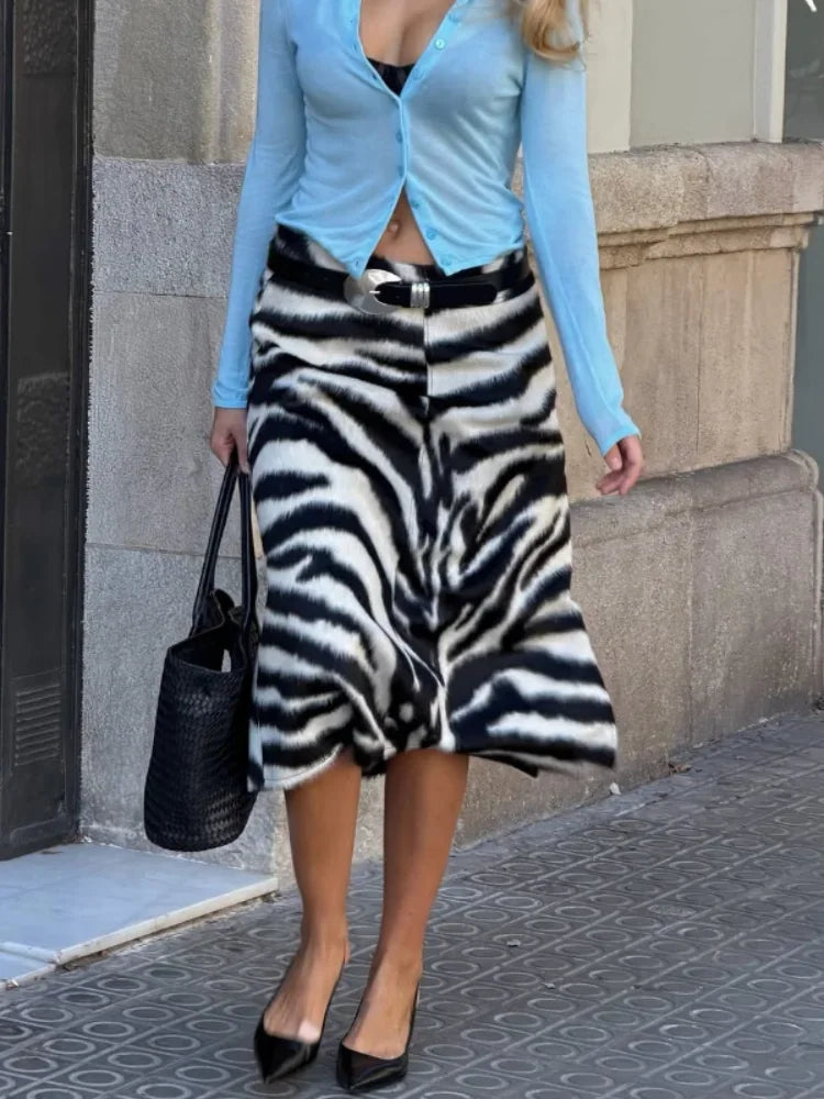 Women's Zebra Print Midi Skirt High Front Zipper Split Faux Wool Blend Skirts 2026 new Autumn Casual Daily Streetwear Plush Fall