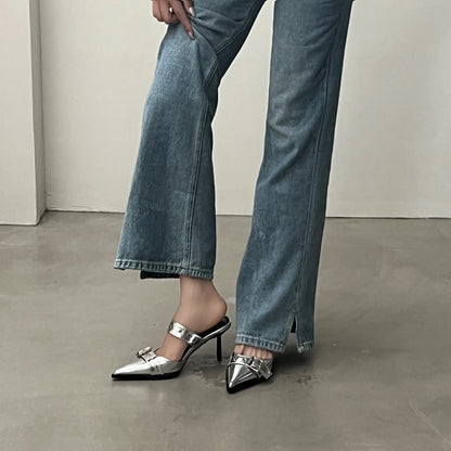 Women's Pointed-Toe Buckle Mules in Heel Options
