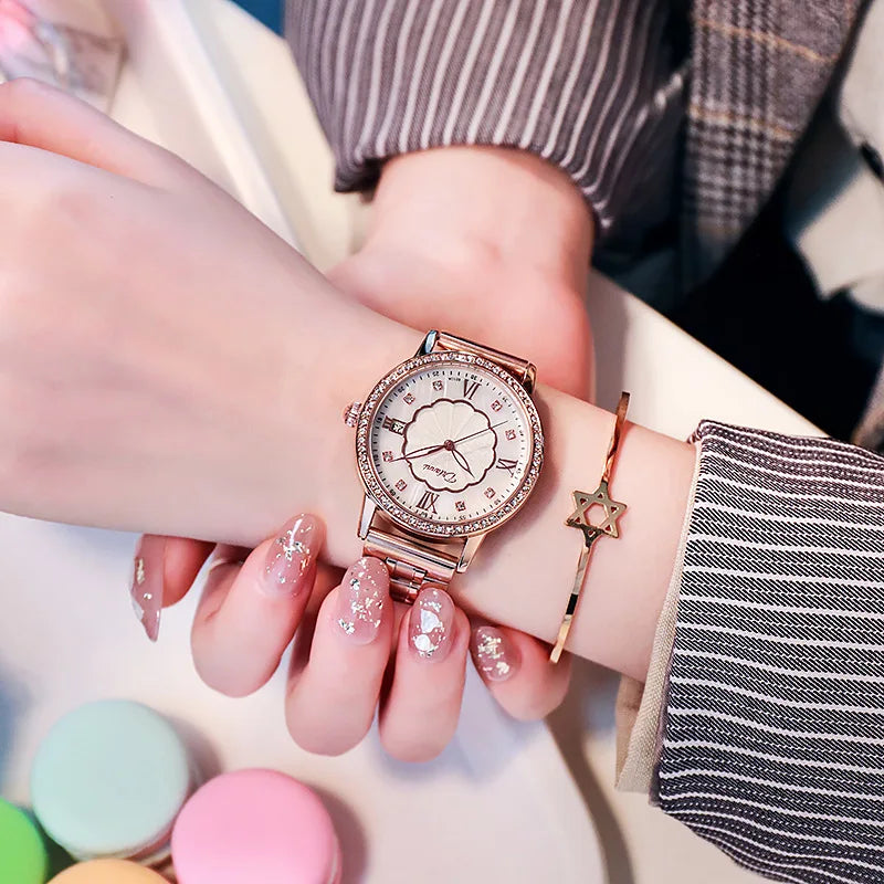 Stainless Steel Pearl Shell Design Diamond Luminous Waterproof Self-Wind Automatic Mechanical Watch for Women
