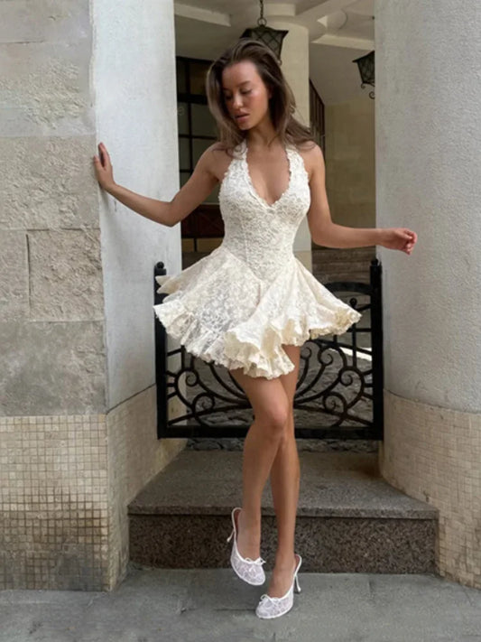 Hot Sweetheart Deep V Neck Halter Short Dress Lace Backless Waist Cinched Slim Vestidos 2026 Summer Beach Vacation Date Dresses