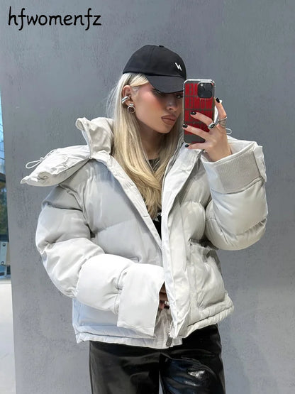 Casual Women's Puffy Hooded Cotton Coat Loose Long Sleeve Pockets Zipper Padded Coats 2026 Winter Lady Drawstring Warm Jackets