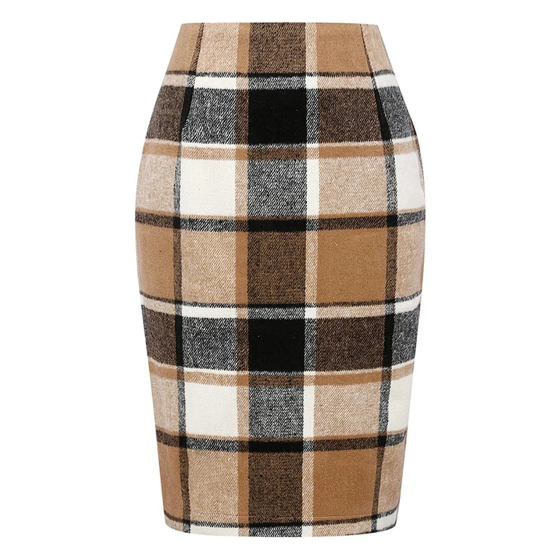 Women Tartan Plaid Thick Woolen Pencil Skirt Lined Back Invisible Zipper High Waist Bodycon Midi Skirt For Daily Casual Outings