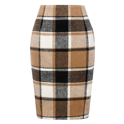 Women Tartan Plaid Thick Woolen Pencil Skirt Lined Back Invisible Zipper High Waist Bodycon Midi Skirt For Daily Casual Outings