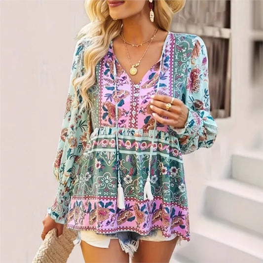 Women's Vintage Floral Print Boho Blouse Sexy V Neck Long Sleeve Tops Casual Date Work Summer Beach Loose Blouses Women Shirts