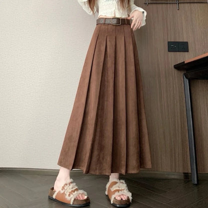 Qiukichonson Midi Long Skirts Womens Suede Skirt 2026 Autumn Winter Goth Vintage High Waist Ruffle Pleated Skirts Maxi With Belt