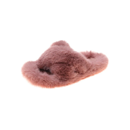 Fashion One Word Thick Fur Slippers Double Fur Slippers Casual Home Cotton Shoes for Women Flat Plush Cross Straps Slippers2025