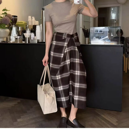 Plaid Skirt Women Checked Midi Skirt Fashion High Waist Pleated Irregular Slim Mid-length Bottom Lady Daily Commute Street Skirt