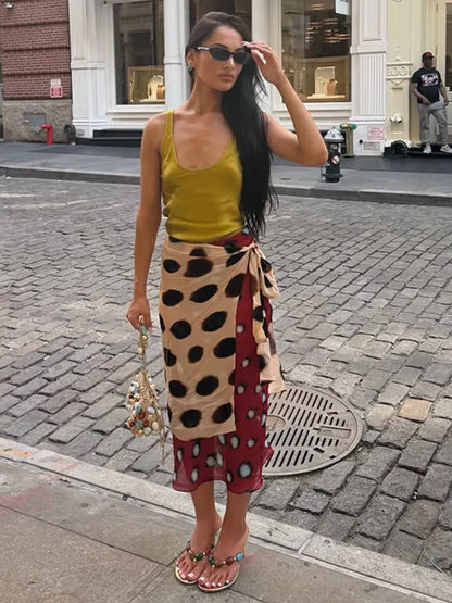 High Waist Wrap Tie Midi Skirt Contrast Leopard Print Flowy Irregular Hem Chiffon Skirts 2026 Summer Elegant Vacation Chic Wear