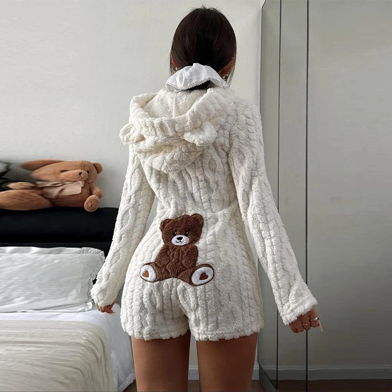 Trendy Cartoon Bear Pattern Warm Jumpsuit Shorts Women Plush Hooded Flannel Loungewear Lady New Autumn Winter Effortless Outfits