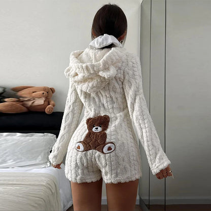 Trendy Cartoon Bear Pattern Warm Jumpsuit Shorts Women Plush Hooded Flannel Loungewear Lady New Autumn Winter Effortless Outfits