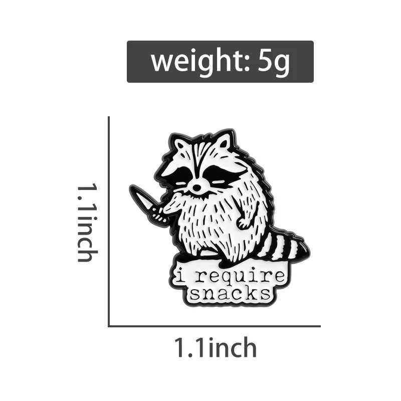 I Require Snacks Enamel Pins Cartoon Trash Panda Raccoon Brooches Lapel Badges Funny Animal Jewelry Gift for Kids Friends