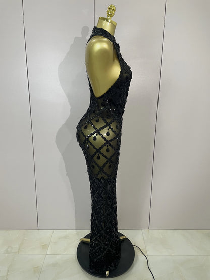 Newest Shiny Diamond Sequins Green Sexy Mesh Long Dress Women Celebrate Evening Prom Birthday Party Nightclub Stage Costume