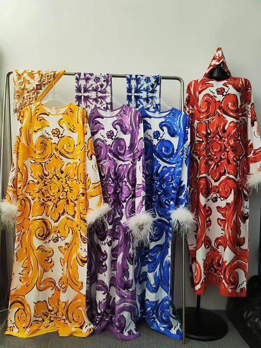 Design Retro Geometric Print Spliced Feather Long Sleeve Dress 2026 Autumn Women's Clothing Loose Straight Skirt + Silk Scarf