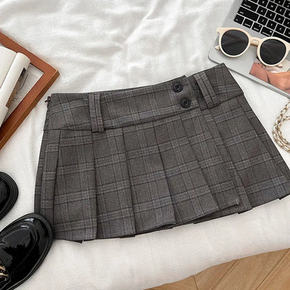 Women Khaki A-line Plaid Pleated Skirt Vintage Fashion Y2K Gyaru Skirt High Waist Preppy Style Retro Midi Skirt for Women Summer