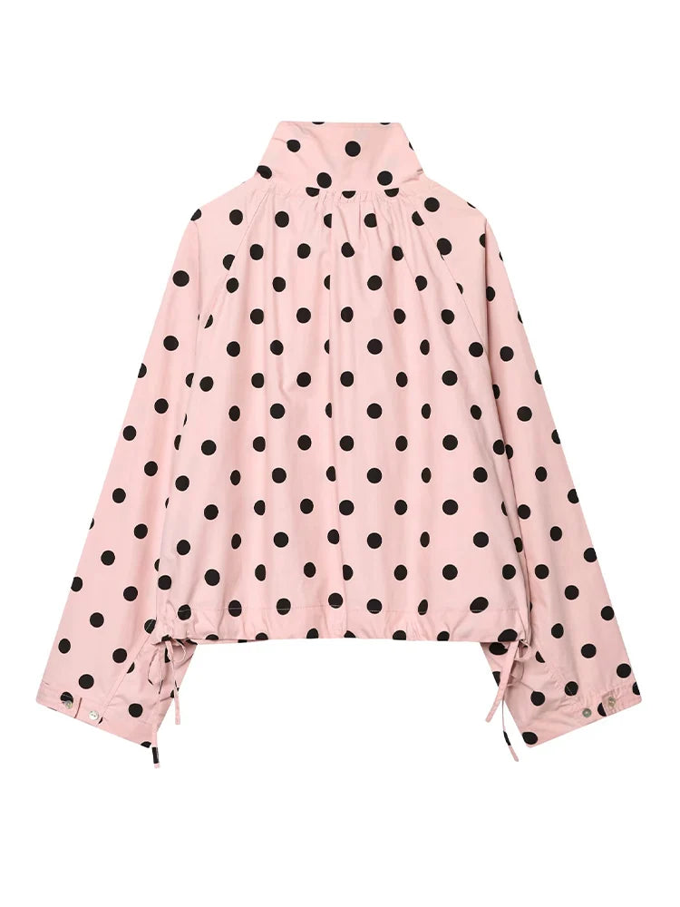 HH Woman Long Sleeve Pink Polka Dot Jacket Fashion Single Breasted High Collar Short Coat Women Spring Casual High Street Jacket