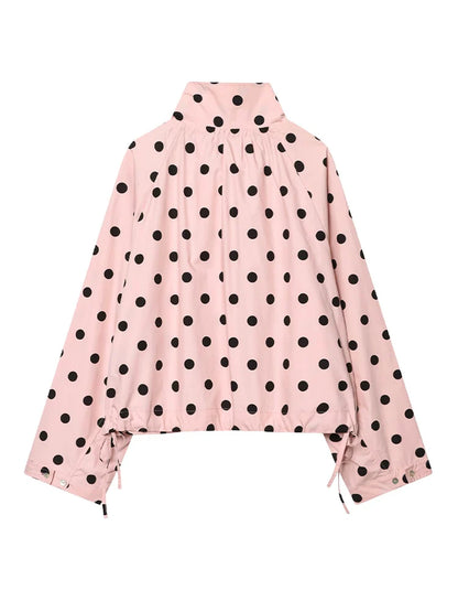 HH Woman Long Sleeve Pink Polka Dot Jacket Fashion Single Breasted High Collar Short Coat Women Spring Casual High Street Jacket