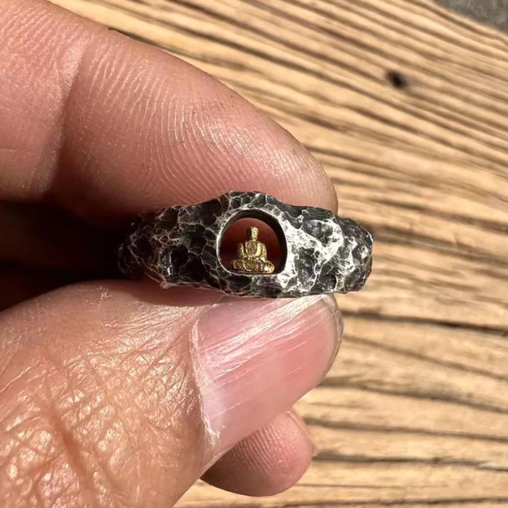 Handmade Buddha Ring Adjustable Size for Men Women Retro Grotto Rock Texture Buddhist Jewelry Hand Forged Spiritual Healing Gift
