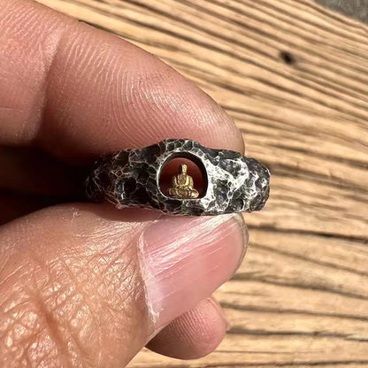 Handmade Buddha Ring Adjustable Size for Men Women Retro Grotto Rock Texture Buddhist Jewelry Hand Forged Spiritual Healing Gift