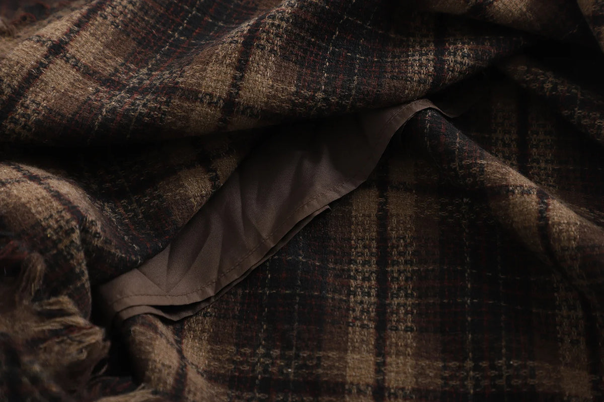Harajuku Vintage Plaid Coffee Brown Woolen Midi Skirt For Women Tassel High-waist A-line Skirt Trendy Winter Office Commut Outfi