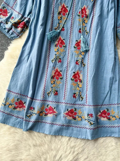 Women Summer Dress Retro Ethnic Style Square Neck Quarter Sleeve Embroidered Loose A-line Holiday Style First Love Dress D3980