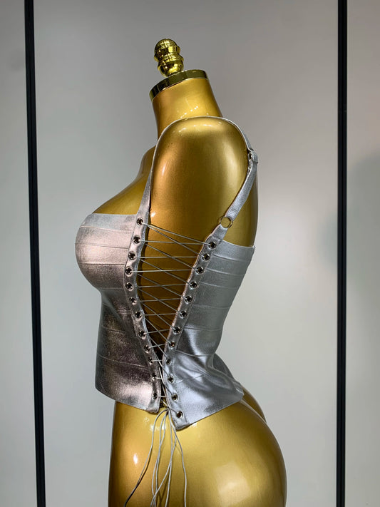 Sparkly Slver Gold Bandage Top Women Sexy Nightclub Evening Party Backless Spicy Girl High Street Stage Outfit