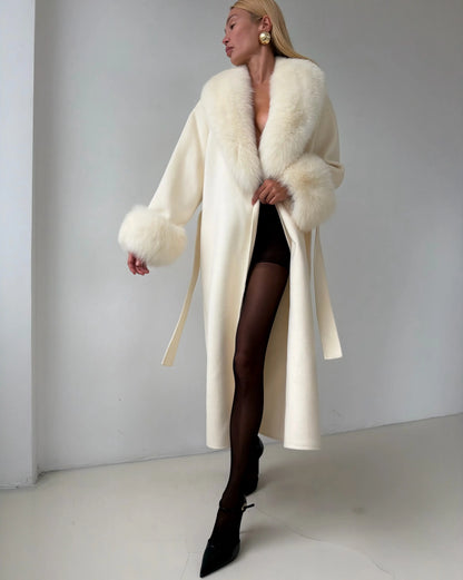 Retro Faux Fur Patchwork Woolen Maxi Coat Women Solid Full Sleeves V-neck Lace Up Loose Coats Lady Winter Commute Outwear New