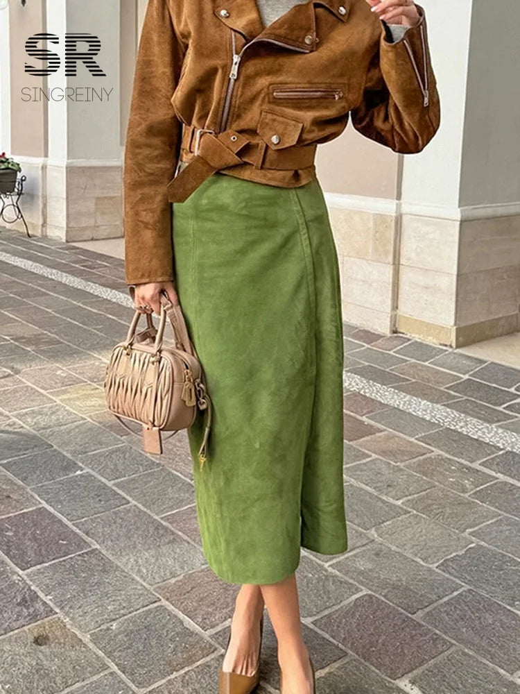 SINGREINY Avocado Green Suede Long Skirt Women Newest 2026 Autumn Minimalist Y2K Vintage Solid Warm Split Midi Skirts