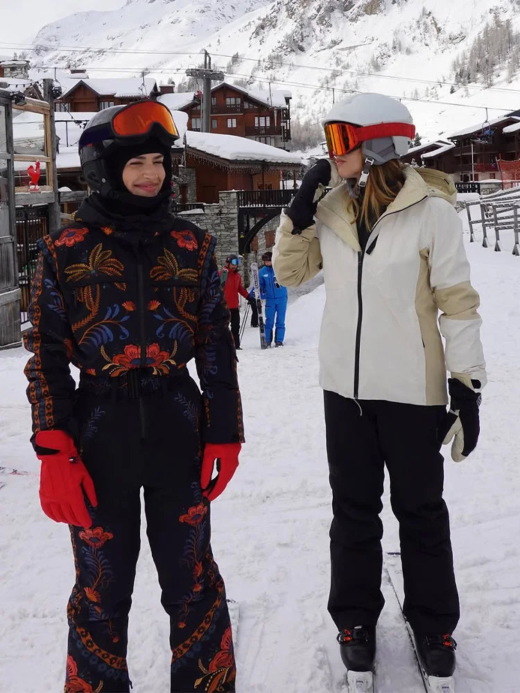 Women Floral Print Hooded Ski Set Stand Belt Waist Zipper Straight Jumpsuit Retro Fashion Sheath Warm Sport Winter 2026 Skiwear