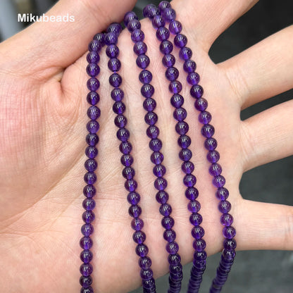 Wholesal Natural 4mm 3A Amethyst Quartz Crystal Smooth Round Stone Loose Beads For Making Jewelry DIY Necklace Strand 15"