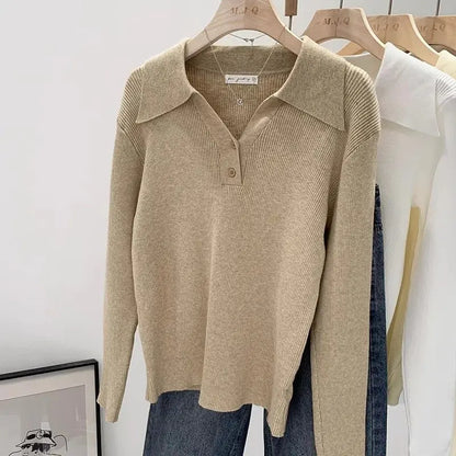 Polo Collar Knit Sweater Women Pullovers Casual Button Front Long Sleeve Rib-knit Jumper Chic Knitwear Trend Autumn Winter Tops