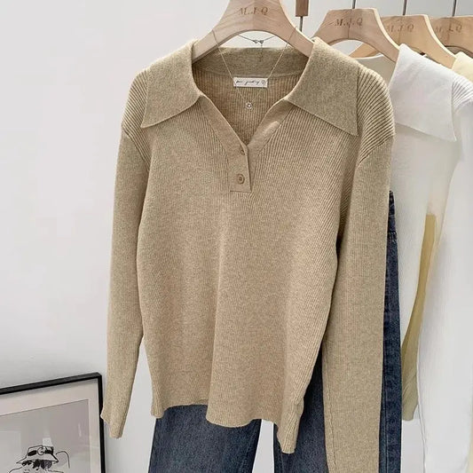 Polo Collar Knit Sweater Women Pullovers Casual Button Front Long Sleeve Rib-knit Jumper Chic Knitwear Trend Autumn Winter Tops