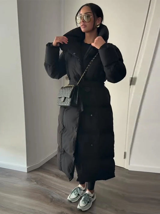 Winter Warm Stand Neck Long Lace Up Down Jackets Women Fashion Solid Ruff Soft Waist-cinching Coat Female Winter Chic Jackets