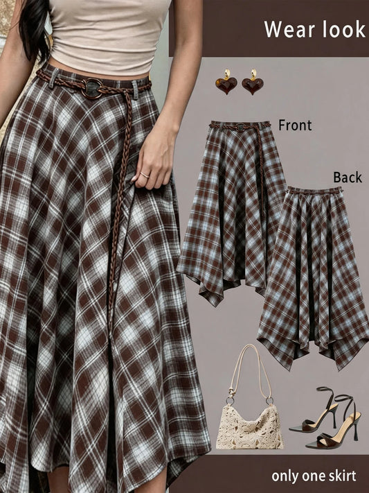 Plus-Size Women's Vintage Color-Blocked Plaid Elegant Skirt, with an Asymmetrical Hem and Retro Belt, Suitable for Casual Wear in Autumn, Winter, and Summer